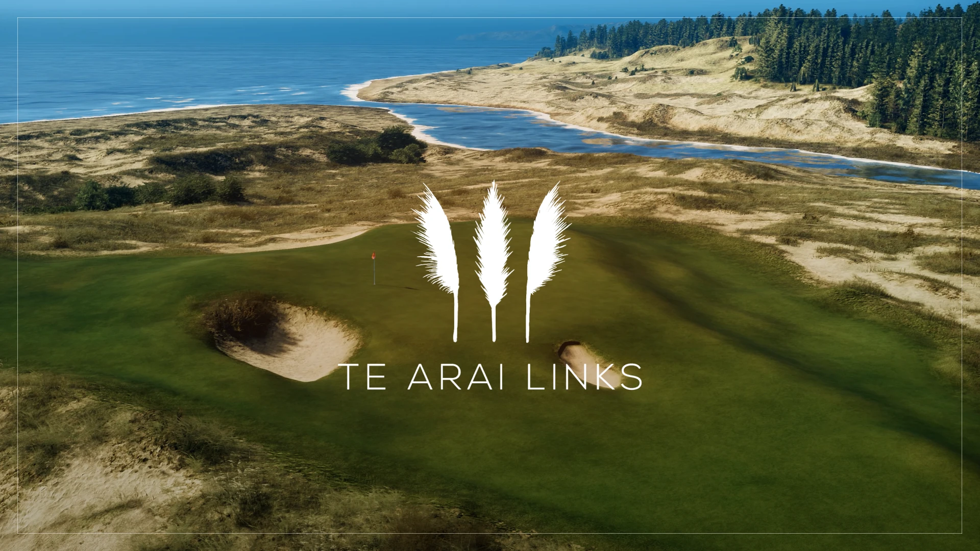 Aerial view of a coastal golf course with sandy dunes, green fairways, and the ocean in the background. "Te Arai Links" logo overlay.