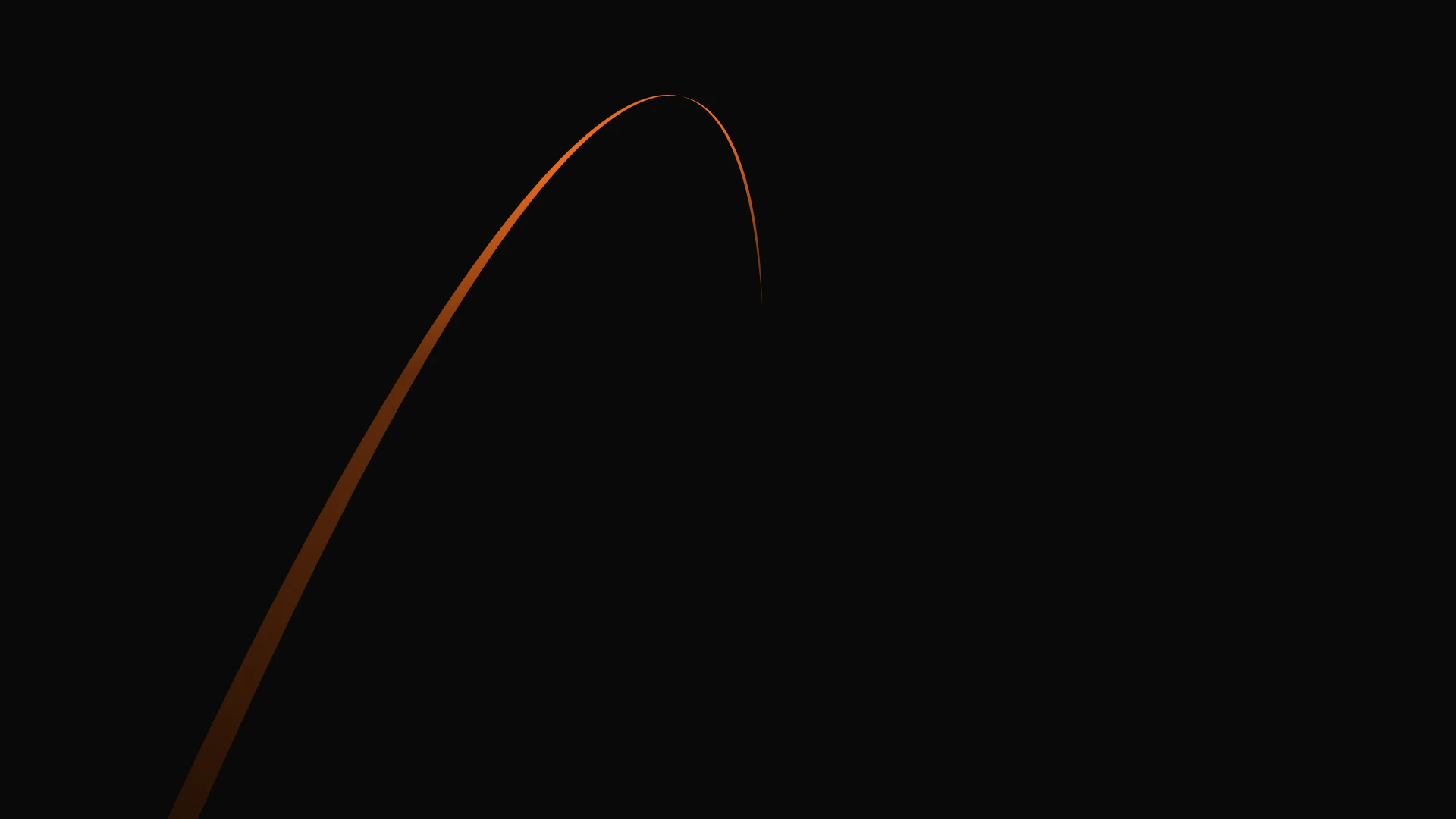 A thin, curved, orange-brown line arcs against a black background, resembling a trajectory or motion path.